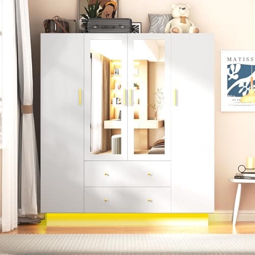 White 4 Door Armoire Wardrobe with LED Mirror and Storage