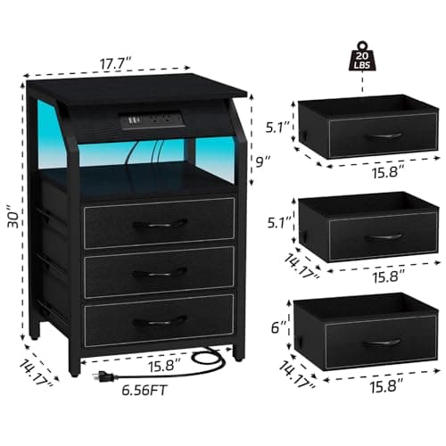 Modern Black End Tables Set of 2 with Charging & LED Lights & 3 Drawers