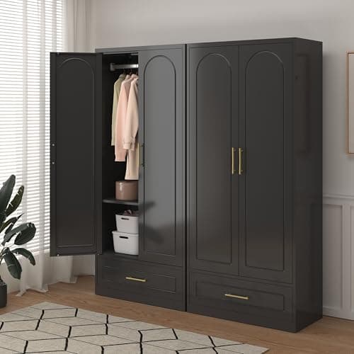 Metal Armoire Wardrobe with Hanging Rod and Shelves for Storage