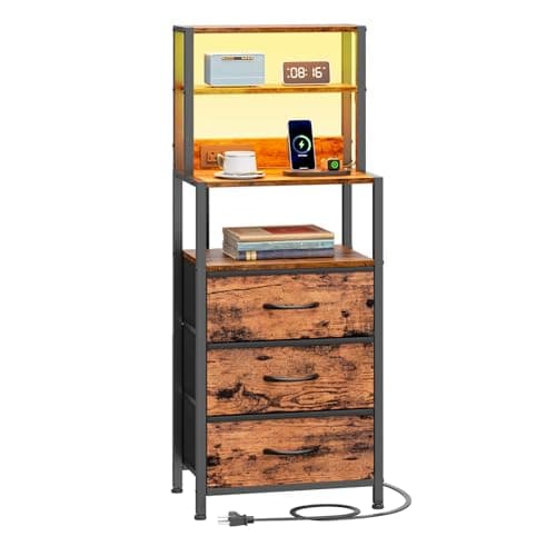 Furnulem Tall Nightstand with 4-Tier Shelves & 2 Drawers, Black Oak Charging Bedside Table