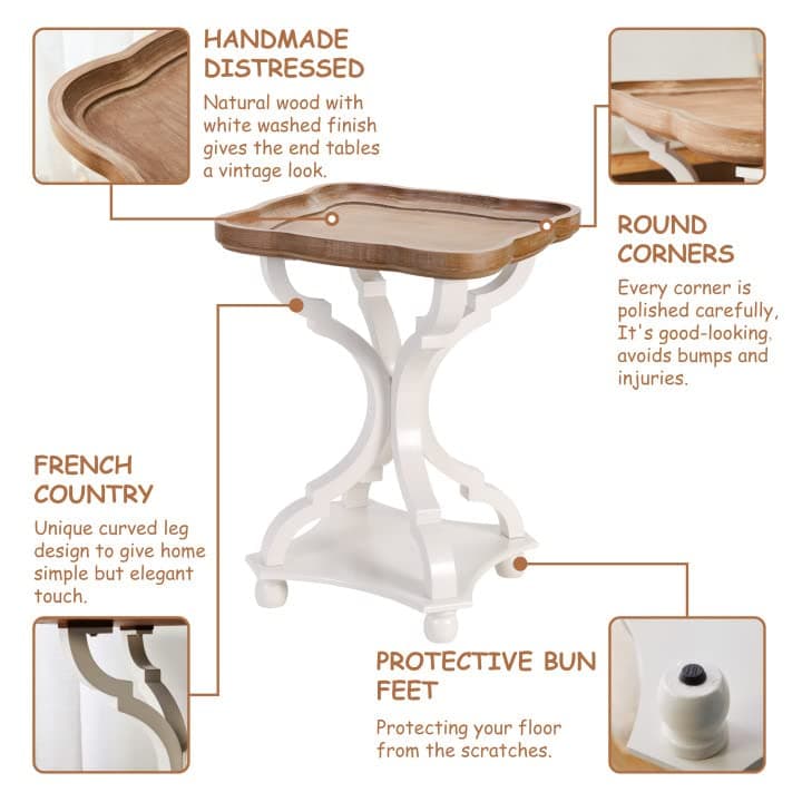 Rustic Farmhouse Cottagecore Accent End Table, Natural White Tray Top, Handcrafted Modern Finish