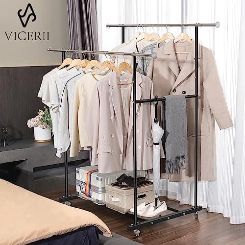 Heavy Duty Double Clothing Rack with Wheels, Black, 130LB Capacity