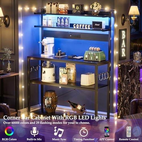 Aheaplus Black Kitchen Bakers Rack with Power Outlet & LED Lights, 5 Tiers Coffee Bar Stand