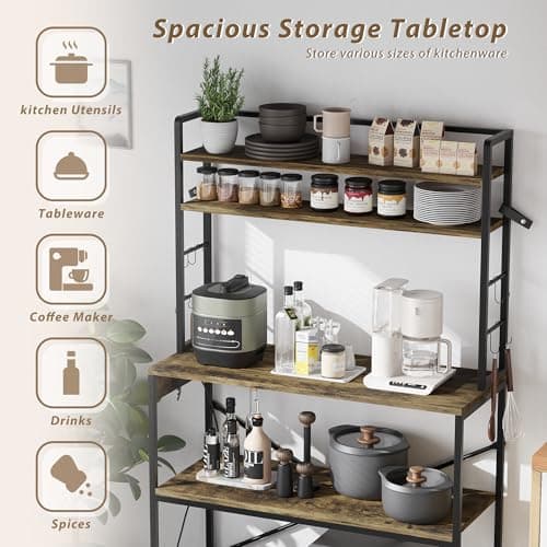 YESHOMY Heavy Duty 5-Tier Baker’s Rack with Power Outlet & Hooks, Spices Storage Shelf, Rustic Brown