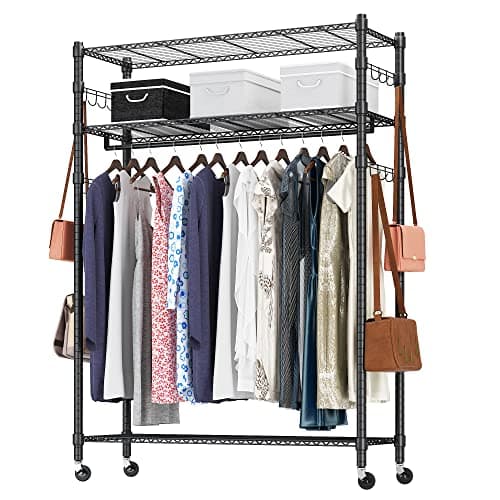 BATHWA Heavy Duty Rolling Wardrobe Rack, 8 Side Hangers, Black