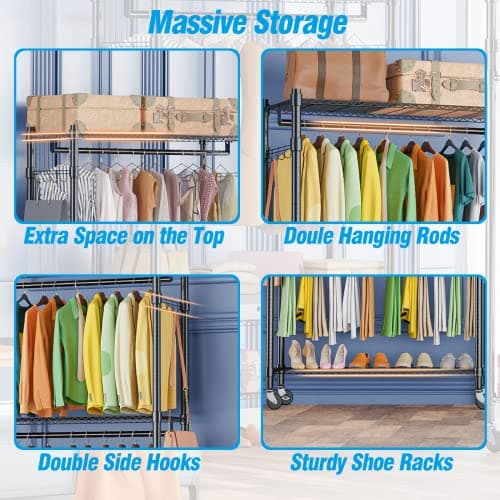 Homdox Heavy Duty Rolling Clothing Rack with Shelves and Side Hooks