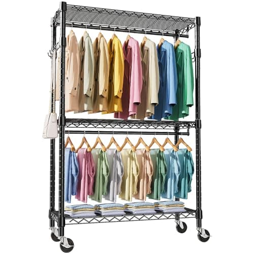 MZG Heavy Duty Rolling Clothes Rack 3 Tiers Adjustable Wire Shelving 17.7"x47.2"x83.6" Chrome