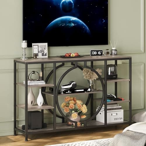 Rustic Brown 47" GiftGo Industrial Console Table with 4 Tier Storage for Entryway and Living Room