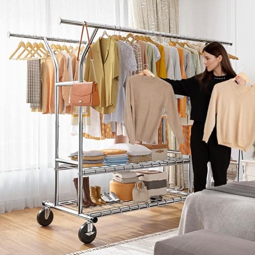 Raybee Heavy Duty Clothing Rack with Wheels, Load 630LBS, Adjustable 74" W x 25" D