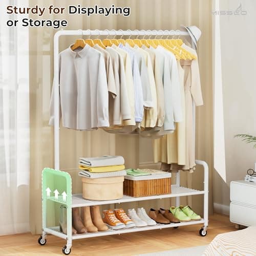 MISSLO Heavy Duty Rolling Clothes Rack with Shelves, White