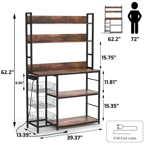 Vintage Brown 5-Tier Bakers Rack with Baskets and Hooks, Microwave Stand Shelf