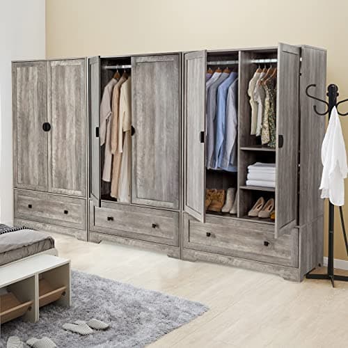 VINGLI Rustic Grey Wide Armoire Wardrobe Closet