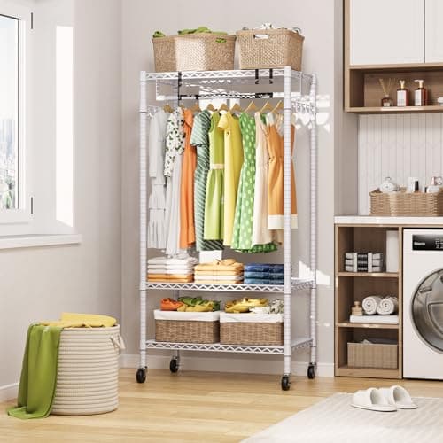 Heavy Duty 3-Tier Rolling Clothes Rack with Storage Shelves and Lockable Wheels - White.