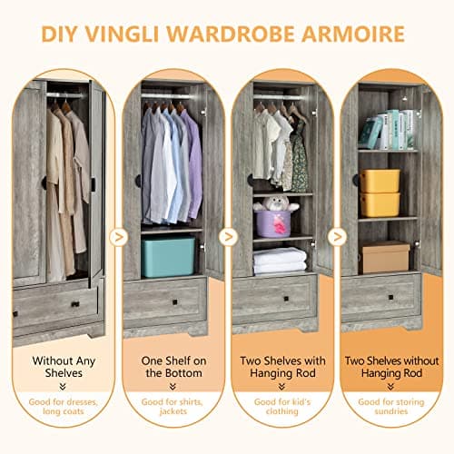 VINGLI Rustic Grey Wide Armoire Wardrobe Closet