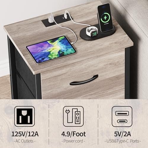 Vagusicc Greige Nightstand Set of 2 with Charging Station