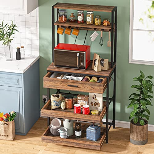 Tribesigns Rustic Brown 5-Tier Bakers Rack with Power Outlets & Hooks