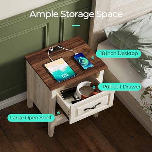 LINSY Beige Farmhouse Wood Night Stand with Type-C Charging Drawer