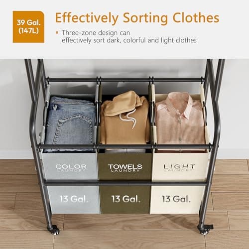 Gewudraw 3-Section Laundry Hamper Cart with Hanging Rack & 2-Tier Shelf