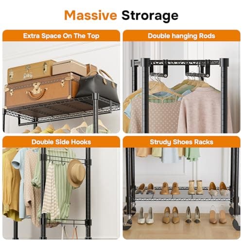 Heavy Duty Rolling Clothes Rack, 3-Shelf Black, 29.5" W x 75.6" H