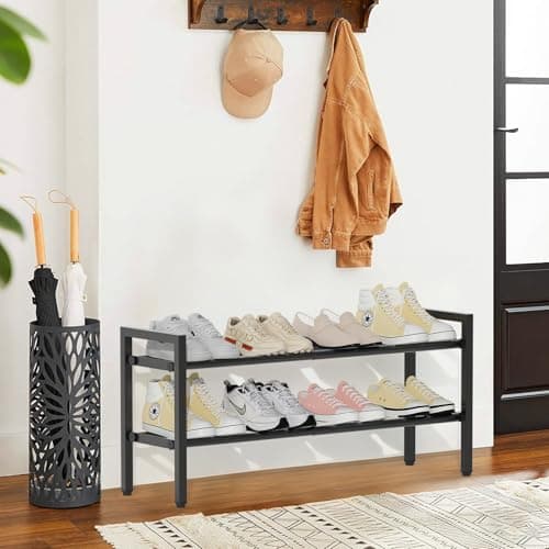 Expandable Metal 2-Tier Shoe Organizer, Black, Entryway Closet Storage