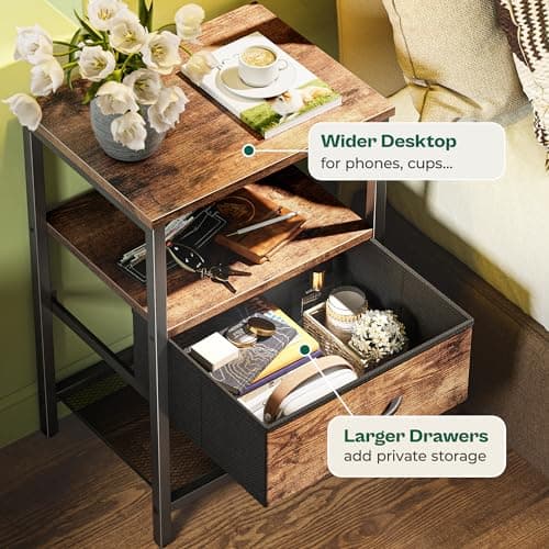 Huurger Nightstand Set of 2: Rustic Brown, Fabric Drawers & Mesh Shelf