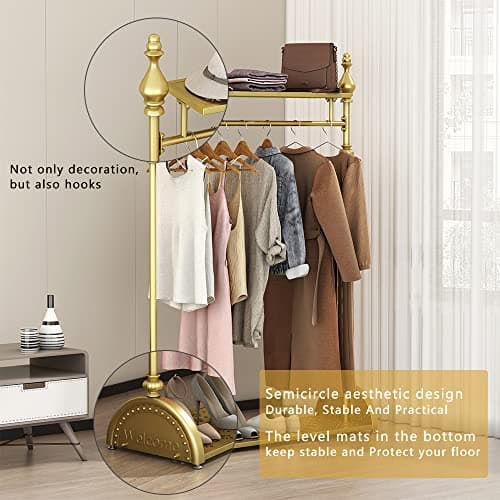 Industrial Gold Clothing Rack with Double Shelves, Heavy Duty Metal Coat Organizer