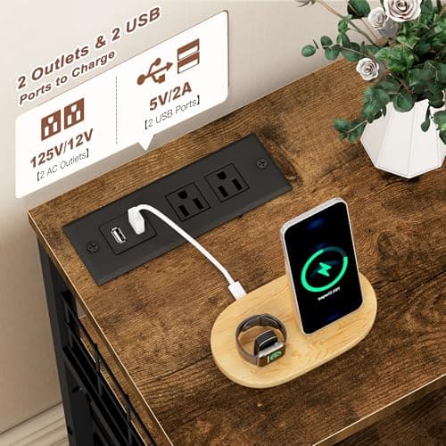 EnHomee Rustic Brown Nightstand with Charging & LED Lights, 4 Drawer Bedside Table, Wood Shelf, 2 USB Ports