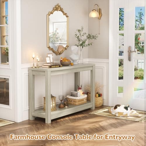 Classical Washed Oak Narrow Entryway Table with Storage, Easy Assembly, 32"