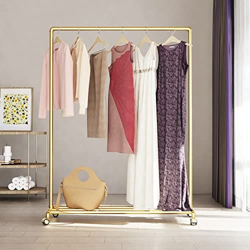 DR.IRON Gold Pipe Clothing Rack with Bottom Shelf & Wheels Modern Closet Organizer
