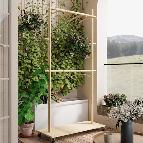 Freestanding Wood Coat Rack with 2 Stems and Pulley, for Hanging Coats and Clothes