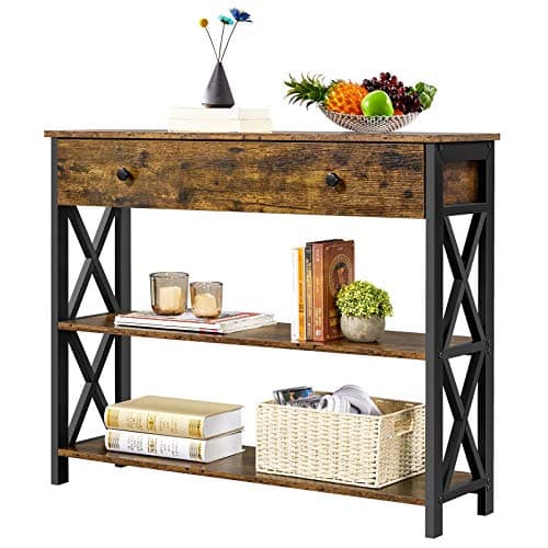 Yaheetech Narrow Console Table with Drawer & Storage Shelves, Light Oak, 3-Tier Living Room Table