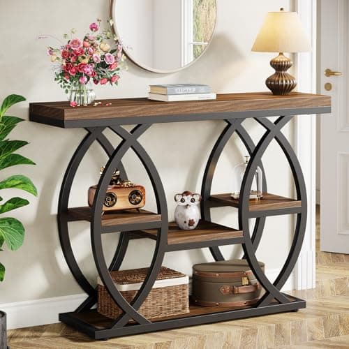Tribesigns Industrial 4-Tier Console Table with Storage, Rustic Brown, Narrow Wood & Metal Frame
