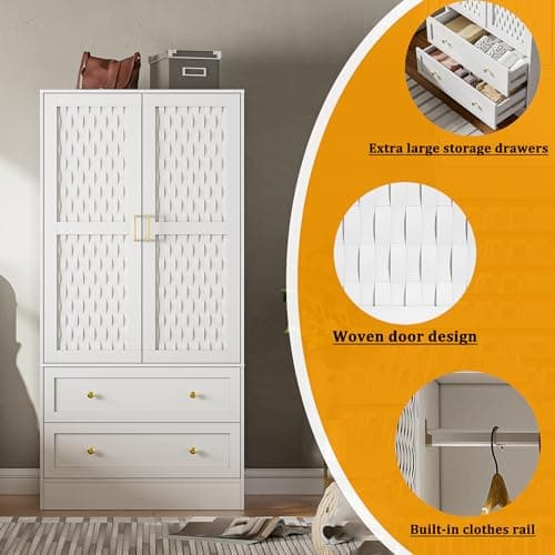 PAKASEPT Freestanding Wooden Armoire Wardrobe with Drawers and 2 Woven Doors