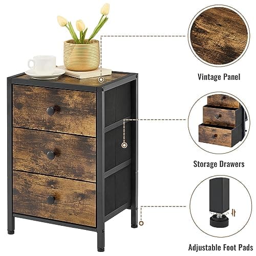 Gewudraw Nightstand: Rustic Brown End Table with 3 Drawers and Storage Shelf