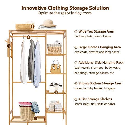 Ufine 6-Tier Bamboo Garment Rack with Hooks, Heavy Dutyclothing Organizer