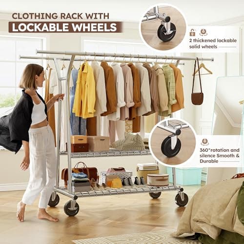Raybee 78" W Heavy Duty Clothing Rack, 650LBS Load, Shelves & Wheels, Portable & CollapsibleChrome