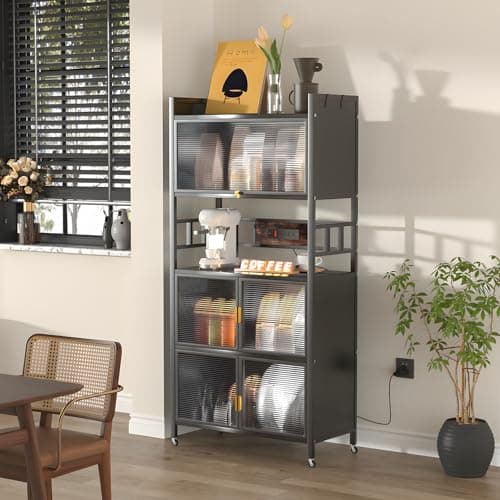 5-Tier Baker's Rack with Power Outlet & Hooks, Black