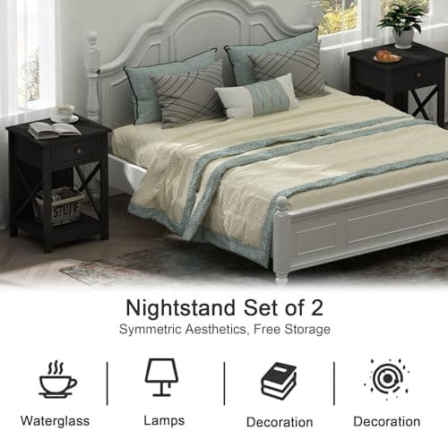 Treocho Black X-Design End Table Set of 2, Modern Nightstand for Small Bedrooms