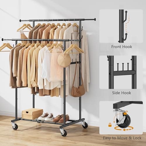 Gewudraw Heavy Duty Rolling Clothes Rack, Black, 64.2inch Chrome
