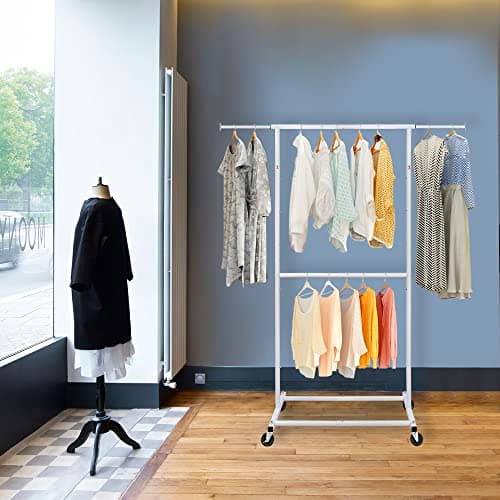 White Metal Double Rod Clothing Rack with Lockable Wheels, Portable Freestanding Organizer