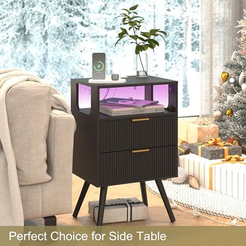 Modern Black Nightstand with Charging and LED Lights, 2 Drawers and Shelf