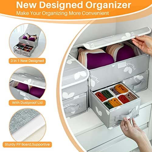 Grey Sock Underwear Drawer Divider - Closet Organizer Bin with Lid