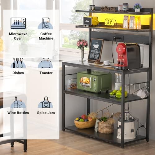 Aheaplus Black Kitchen Bakers Rack with Power Outlet & LED Lights, 5 Tiers Coffee Bar Stand