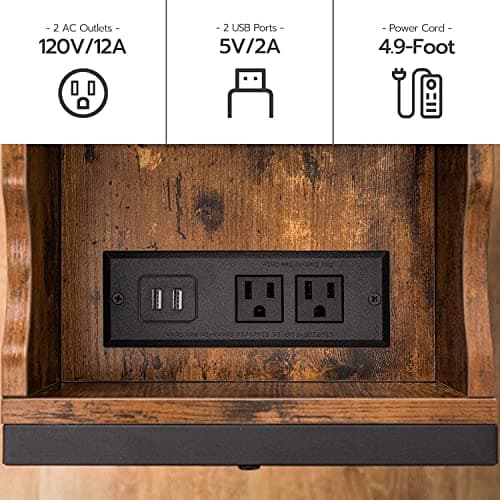 HOOBRO Flip Top Nightstand with Charging Station, Rustic Brown BF341BZP