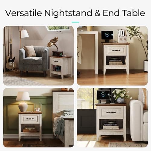 LINSY Beige Farmhouse Wood Night Stand with Type-C Charging Drawer
