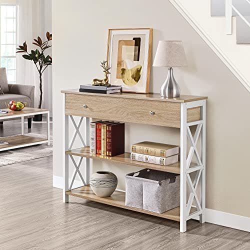 Yaheetech Narrow Console Table with Drawer & Storage Shelves, Light Oak, 3-Tier Living Room Table