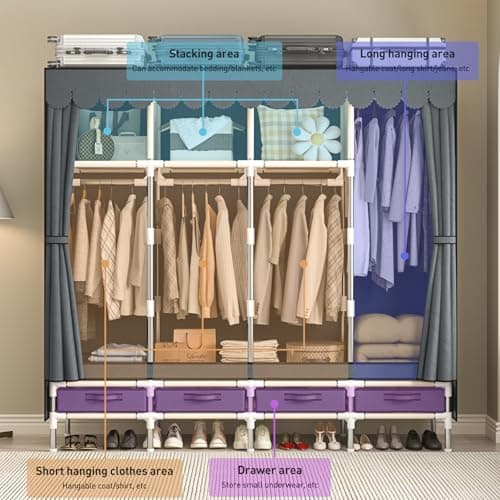 Large Grey Metal Closet with 4 Hanging Rods & Drawers, Non-Woven Dust Cover, 66.93in High, Bedroom Storage