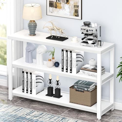 EXCEFUR Industrial Sofa Console Table with 3 Tier Storage Shelves, Rustic Brown