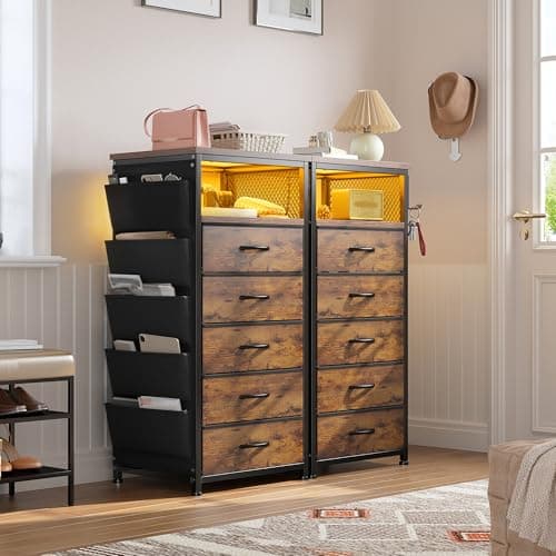 EnHomee Black Nightstand with Charging Station & 5 Drawer Dresser