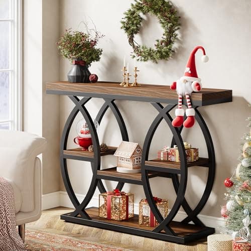 Tribesigns Industrial 4-Tier Console Table with Storage, Rustic Brown, Narrow Wood & Metal Frame